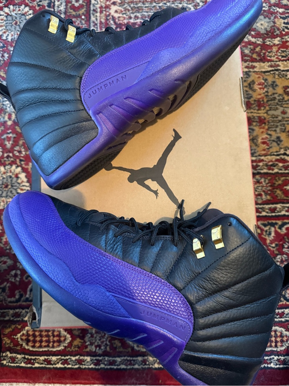 Jordan 12 Retro Field Purple Sneakers - Black & Purple with Gold Eyelets